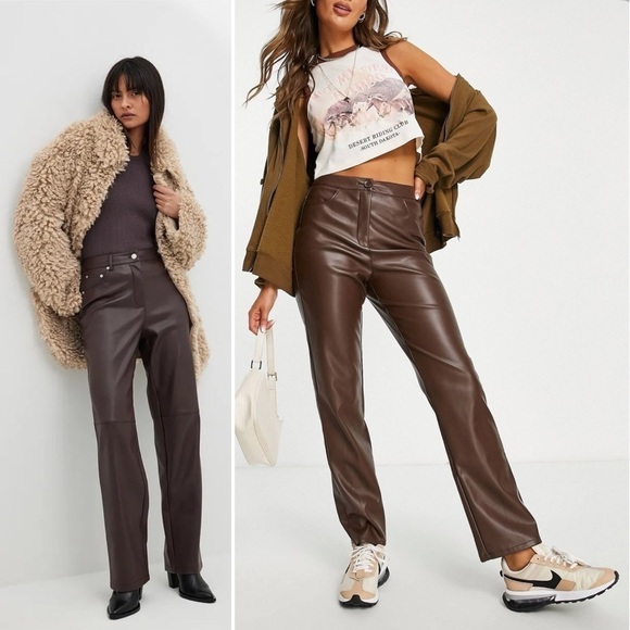 Vintage BCBGMaxAzria Lea Pants Leather Straight Chic Retro Western Brown 10 - Picture 3 of 16